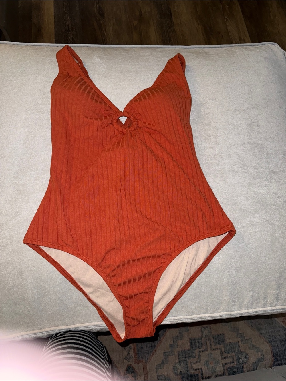 Kona Sol Rust Orange Ribbed One-Piece Swimsuit